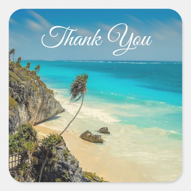 Tropical Beach Wind hat Palmen gefegt Vielen Dank Quadratischer Aufkleber (Vorderseite)