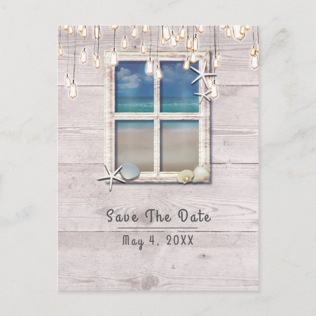 Tropical Beach Window White Wood Save the Date Ankündigungspostkarte (Vorderseite)