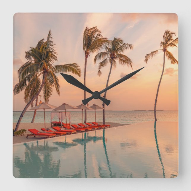 Tropical Beaches | Maldives Tropical Beach & Pool Quadratische Wanduhr (Vorderseite)
