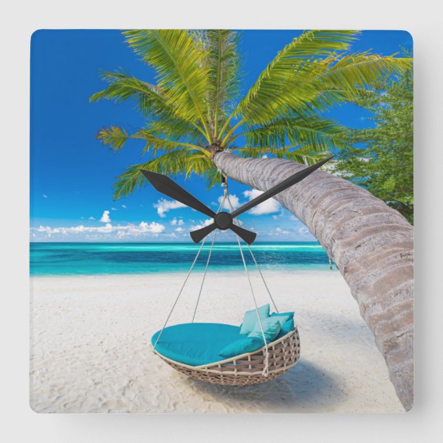 Tropical Beaches | Tropical Landscape Beach Swing Quadratische Wanduhr (Vorderseite)