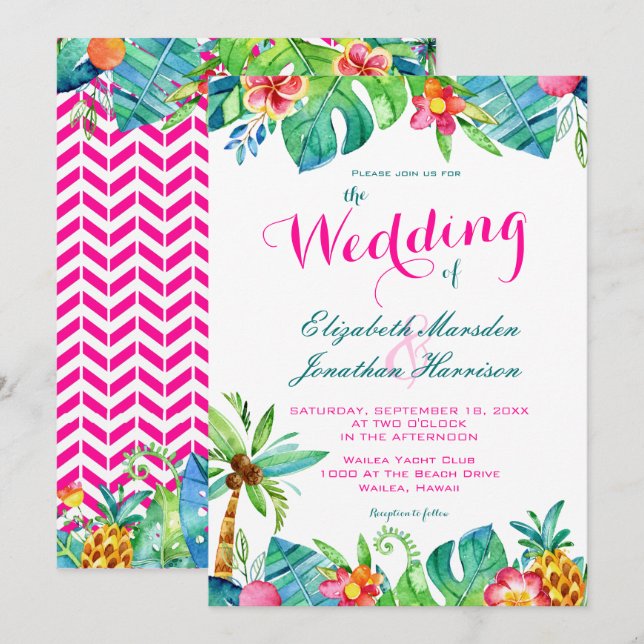 Tropical Berry Pink Aquamarine Zickzack Hochzeit m Einladung (Vorne/Hinten)