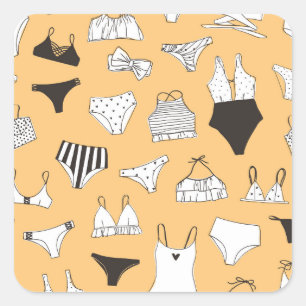 Tropical Bikini: Von Hand Gezeichnet Sommermuster Quadratischer Aufkleber