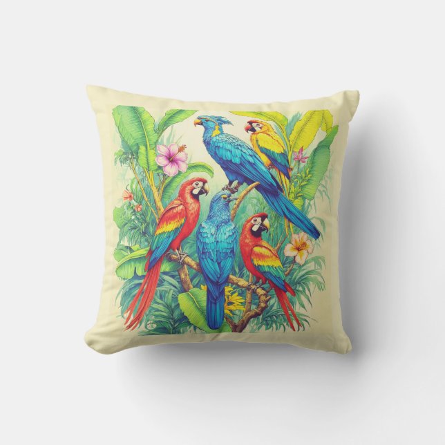 Tropical Birds Botanical Illustration Kissen (Vorderseite)