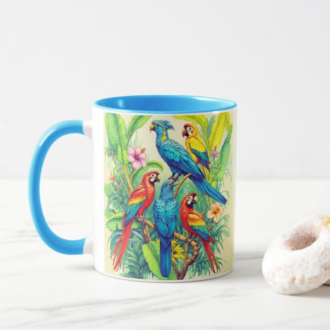 Tropical Birds Botanical Illustration Tasse (Mit Donut)