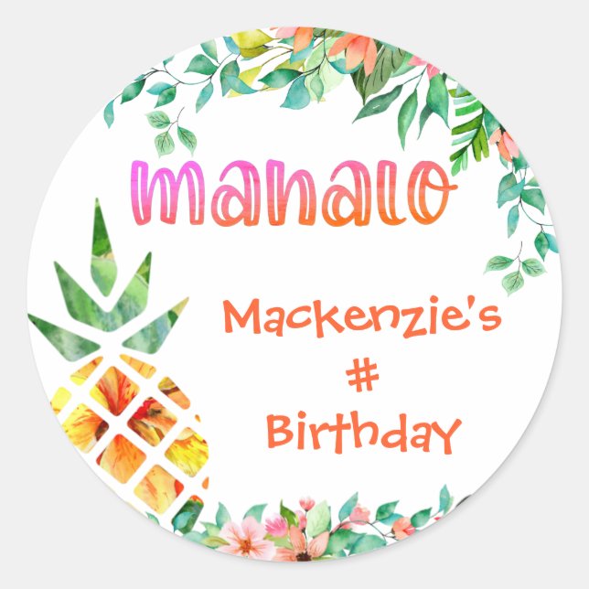 Tropical Birthday MAHALO Vielen Dank Ananas Runder Aufkleber (Vorderseite)