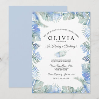 Tropical Birthday Watercolor Blätter Blue Green Einladung