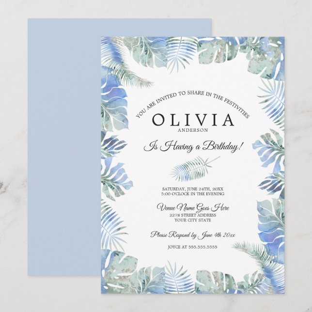 Tropical Birthday Watercolor Blätter Blue Green Einladung (Vorne/Hinten)