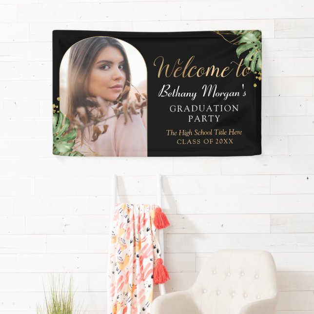 Tropical Black Gold Arch Foto Abschluss Willkommen Banner (Insitu)