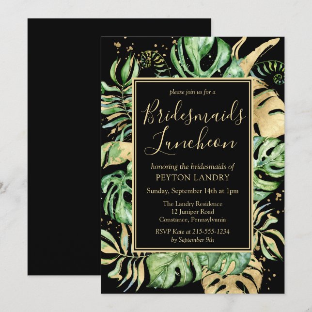 Tropical Black & Gold Bridesmaids Luncheon Einladung (Vorne/Hinten)