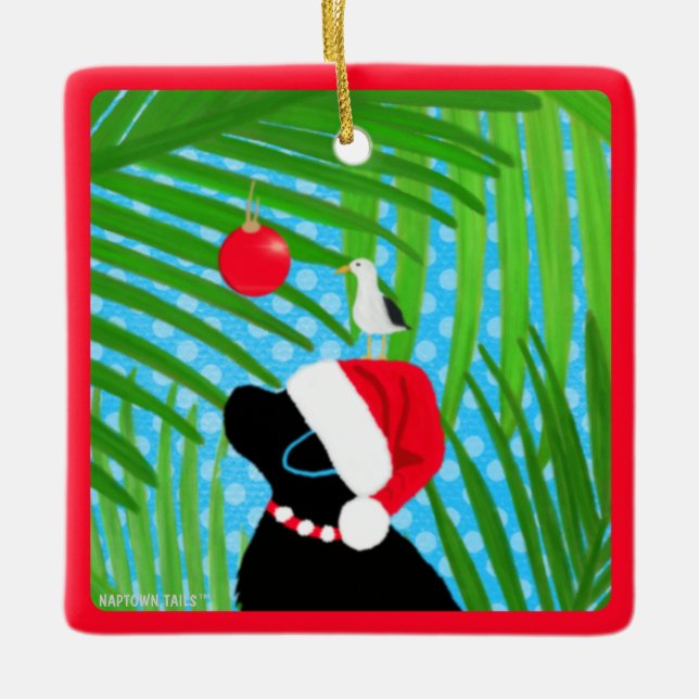 Tropical Black Lab Santa Dog Weihnachtsschmuck (Vorderseite)