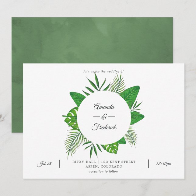 Tropical Blätter Beach Foto Hochzeit Einladung (Vorne/Hinten)