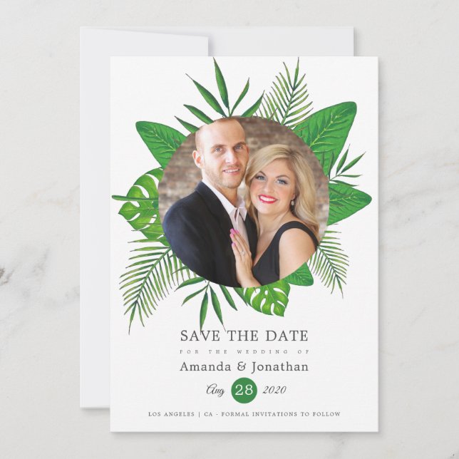 Tropical Blätter Beach Foto Hochzeit Save The Date (Vorderseite)