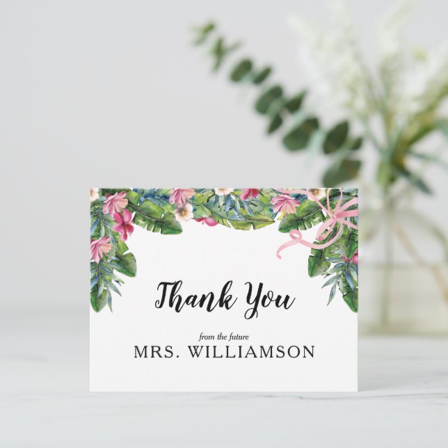 Tropical Blätter Blumenkohl Brautparty Vielen Dank Postkarte (Stehend Vorderseite)