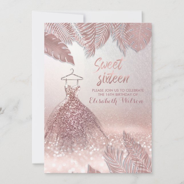 Tropical Blätter Chic Rose Gold glänzende Kleid Einladung (Vorderseite)