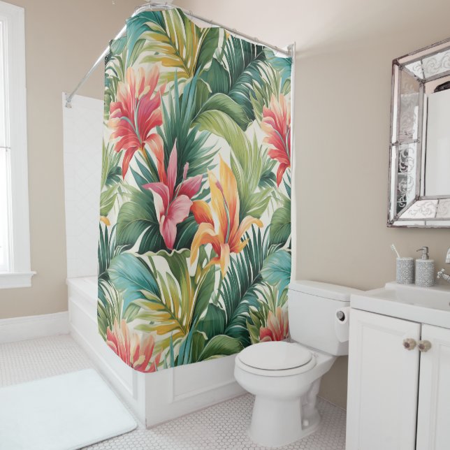 Tropical Bliss Palm Feuille Paradise Douche Rideau (En situation)