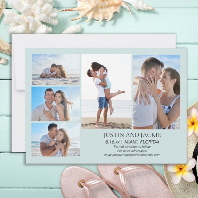 Tropical Blue 5 Photo Mariage Carte de Date    (Tropical beach blue wedding photo Save the Date card)