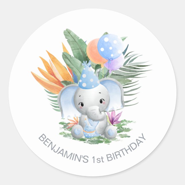 Tropical Blue Baby Elephant 1. Geburtstag Runder Aufkleber (Vorderseite)