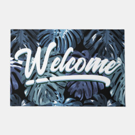Tropical Blue Black Palm Blätter Willkommen Fußmatte