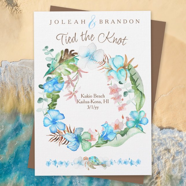 Tropical Blue Brown Green Hibiscus Elopement Einladung (elopement, beach wedding, blue tropical wedding, floral hibiscus flowers, we tied the knot)