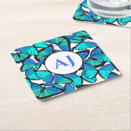 Tropical Blue Butterfly Print Mit Monogramm Rechteckiger Pappuntersetzer
