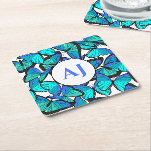 Tropical Blue Butterfly Print Mit Monogramm Rechteckiger Pappuntersetzer