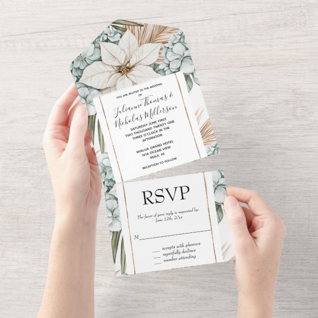 Tropical Blue Floral Wedding All In One Einladung (Abreißen)