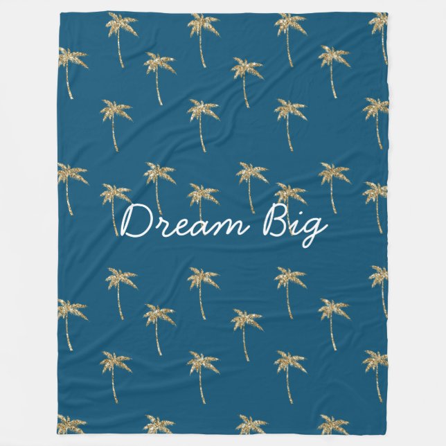 Tropical Blue Gold Glitzer Palm Trees Fleecedecke (Vorderseite)