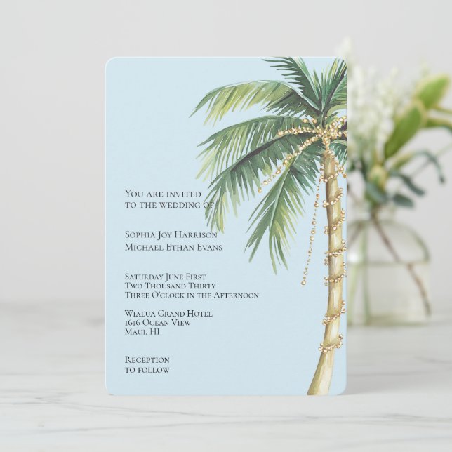 Tropical Blue Gold Glitzy Palm Tree Wedding Einladung (Stehend Vorderseite)