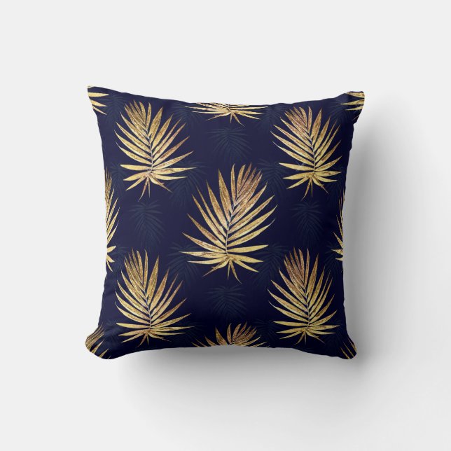 Tropical Blue Gold Palm Blätter Grüne Kissen (Vorderseite)
