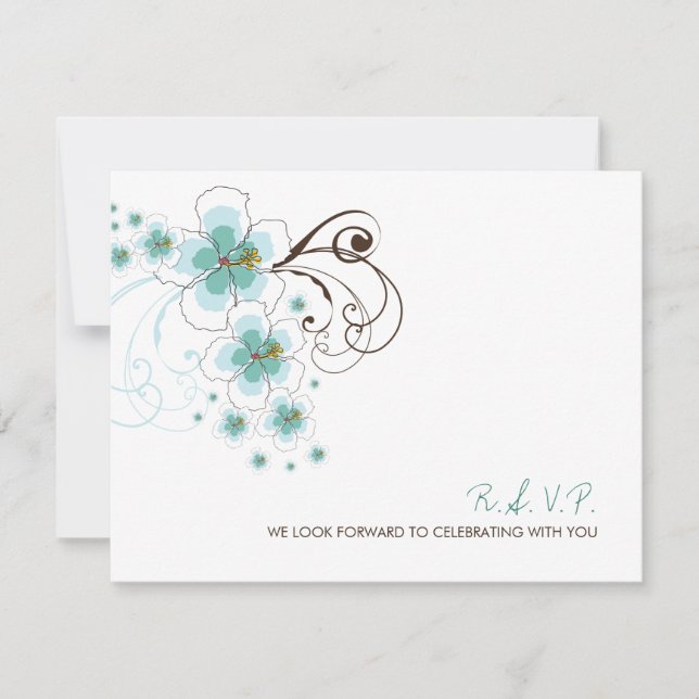 Tropical Blue Hibiskus Beach Hochzeit in Urlaubsor RSVP Karte (Vorderseite)