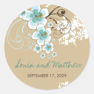 Tropical Blue Hibiskus Beach Wedding Favor Sticker
