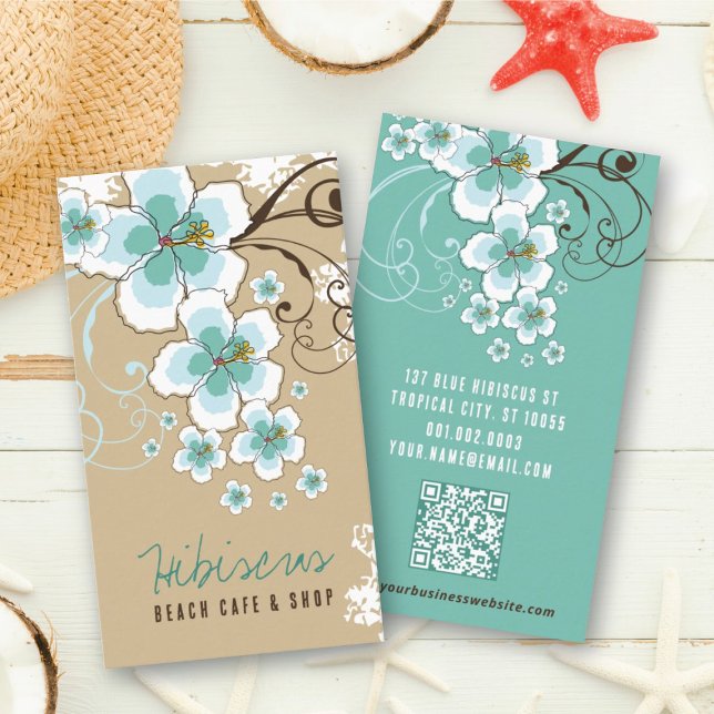Tropical Blue Hibiskus Blume und Wirbel rustikal Visitenkarte (Tropical Blue Hibiscus Flowers And Swirls Rustic Business Card @ fatfatin_design)