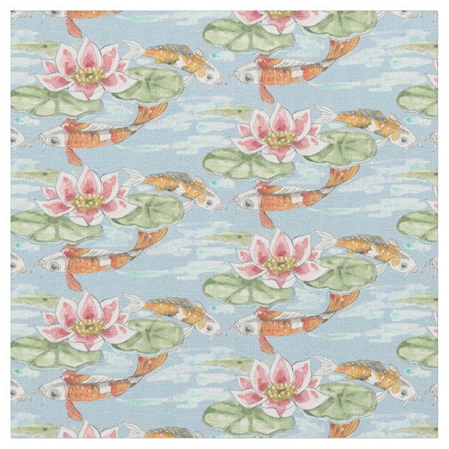 Tropical Blue Koi & Lotus Fish Pond Stoff (Nahaufnahme)