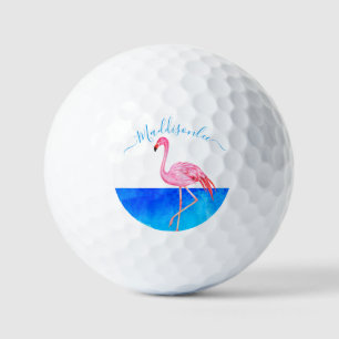 Tropical Blue Monogram Name Pink Flamingo Golf Golfball