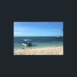 Tropical Blue Ocean Beach & Boat: Summer Vibe Leinwanddruck<br><div class="desc">Escape to a serene tropical paradise with this stunning photograph of a crystal-clear blue ocean and a peaceful boat resting near the shore. The pristine white sand and the gentle gradient of the sea create a calming, minimalist aesthetic. Perfect for adding a touch of summer vacation to your phone case,...</div>