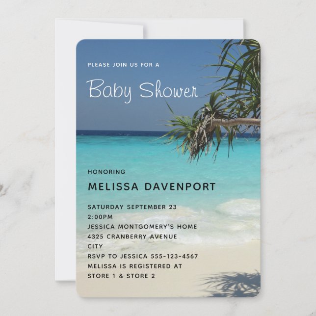 Tropical Blue Ocean Beach Scene Foto Baby Dusche Einladung (Vorderseite)