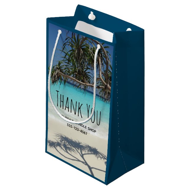 Tropical Blue Ocean Beach Scene Foto Danke Kleine Geschenktüte (Vorderseite Schrägansicht)