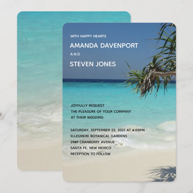 Tropical Blue Ocean Beach Scene Foto Hochzeit Einladung (Vorne/Hinten)