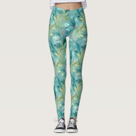 Tropical Blue Palm Leaf Wasserfarbe Gemustert Leggings