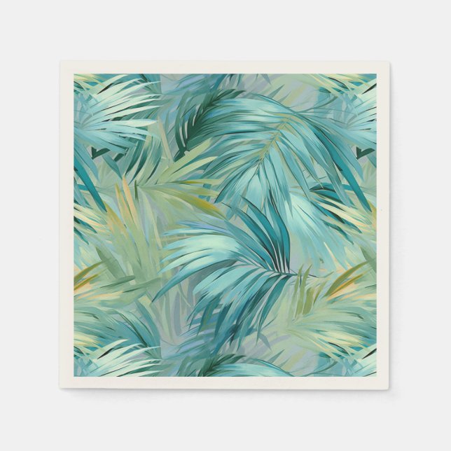 Tropical Blue Palm Leaf Wasserfarbe Gemustert Serviette (Vorderseite)