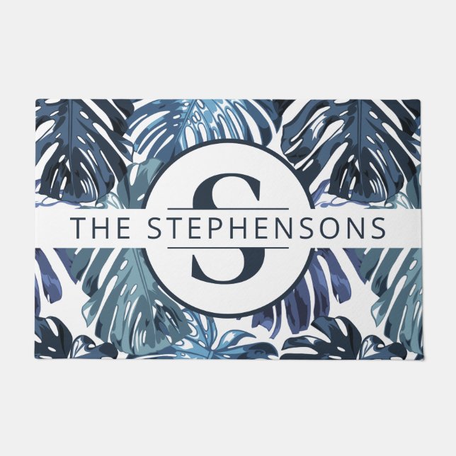 Tropical Blue Palm Leaves Chic Monogram Fußmatte (Vorderseite)