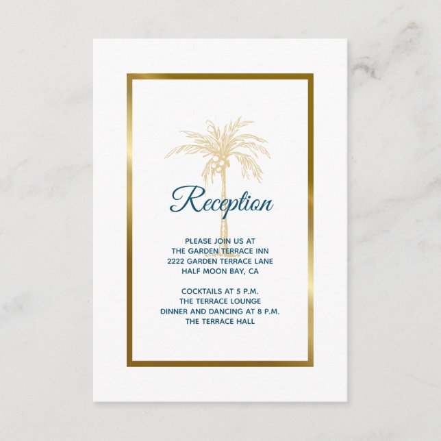 Tropical Blue Palm Tree Hochzeitsempfang Begleitkarte (Vorderseite)