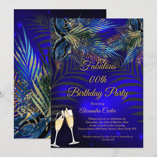 Tropical Blue Palms Champagne Geburtstagsparty Einladung (Vorne/Hinten)