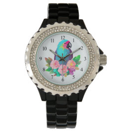 Tropical Blue Parrot mit tropischen Blume Armbanduhr