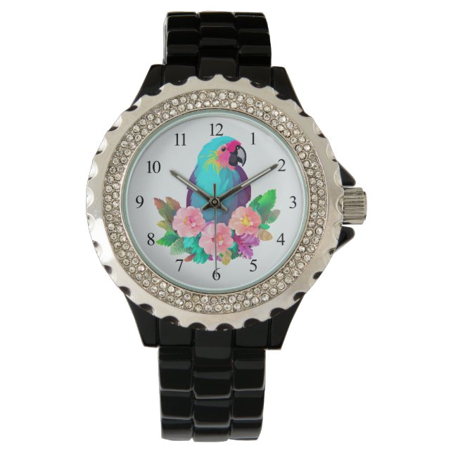 Tropical Blue Parrot mit tropischen Blume Armbanduhr (Vorderseite)