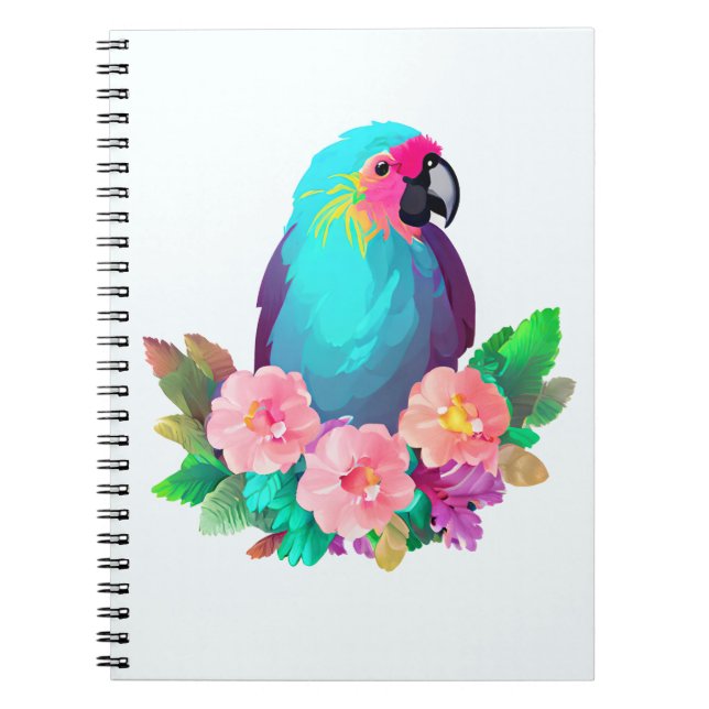 Tropical Blue Parrot mit tropischen Blume Notizblock (Vorderseite)