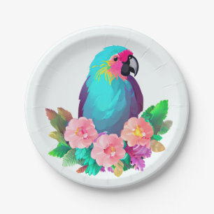Tropical Blue Parrot mit tropischen Blume Pappteller