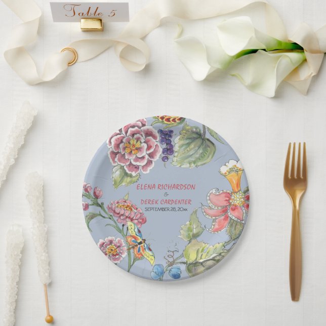 Tropical Blue Pink Chinoiserie Blumenpapierplatte Pappteller (Hochzeit)