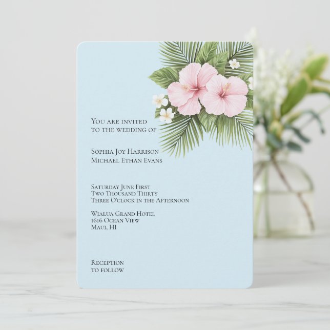 Tropical Blue Pink Hibiskus Floral Wedding Einladung (Stehend Vorderseite)