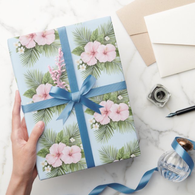 Tropical Blue Pink Hibiskus Floral Wedding Geschenkpapier (Schenken)
